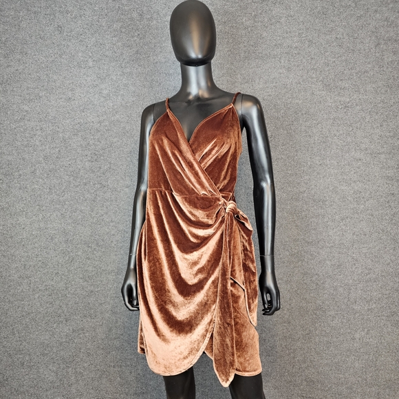 Parisian, Asymmetrical Velvet Dress in Warm Brown - Picture 1 of 8